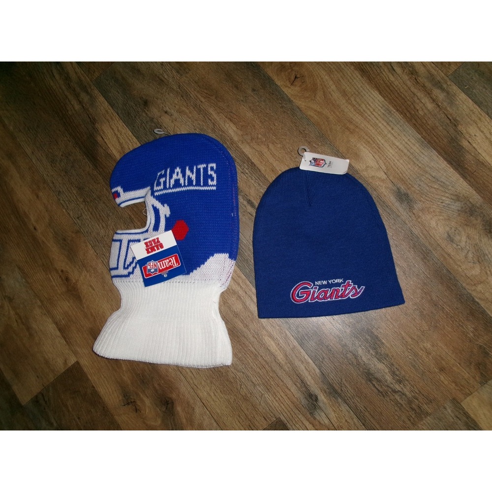 2PC LOT NEW YORK GIANTS BEANIE KNIT TOBOGGAN SCRIPT Y2K SKI HAT CAP VINTAGE J1